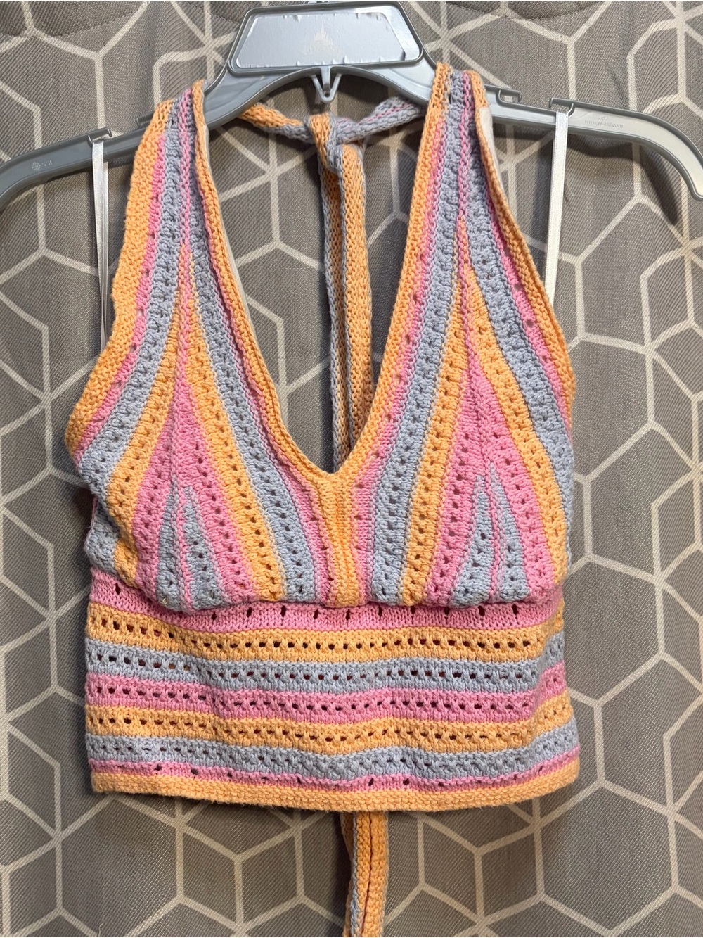Hollister Striped Crochet Halter Crop Top in Pink, Yellow & Gray